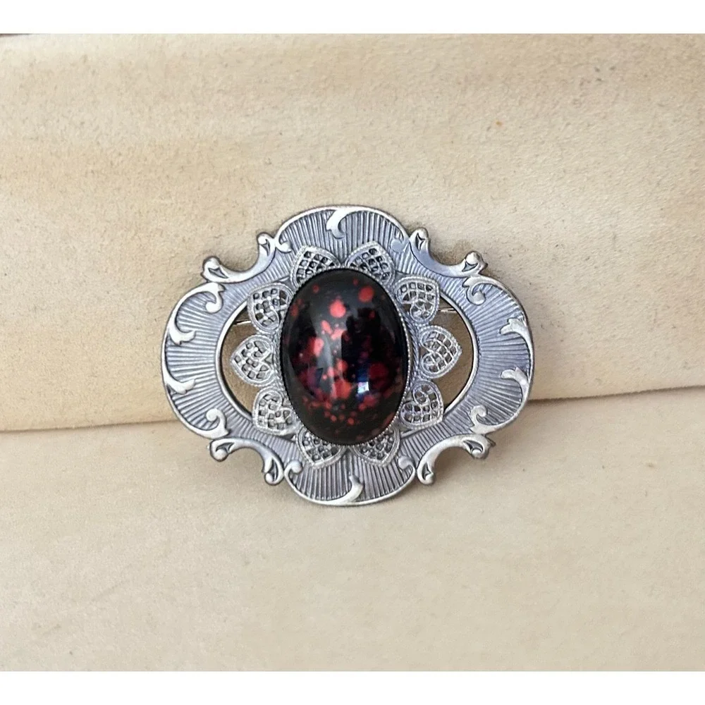 Jablonex Victorian Style Brooch New Boxed Czech Glass Red Black Cabochon Goth